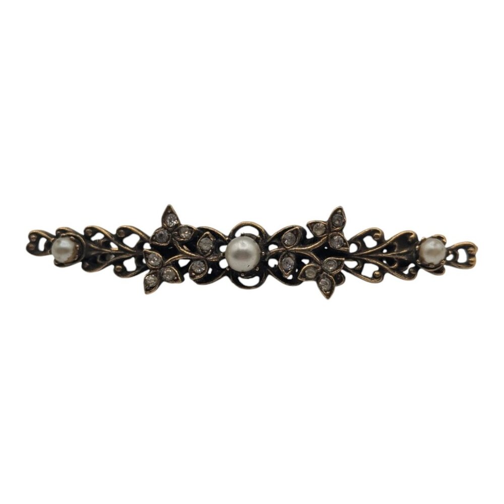 Vintage Gold-Tone Bar Brooch Pin With Faux Pearls & Rhinestones Gift for Her